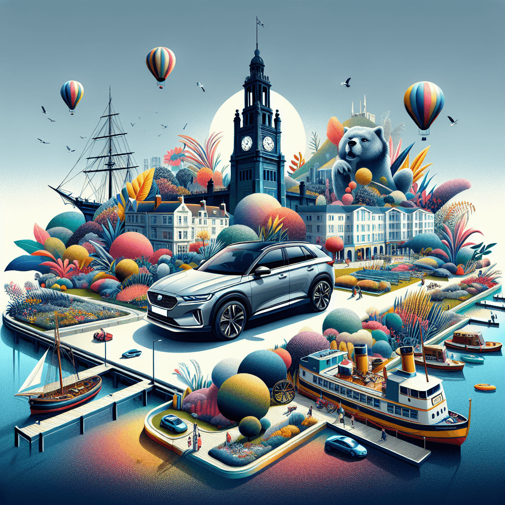 City car amidst Southampton's landscape, docked ships, park balloons, clock tower