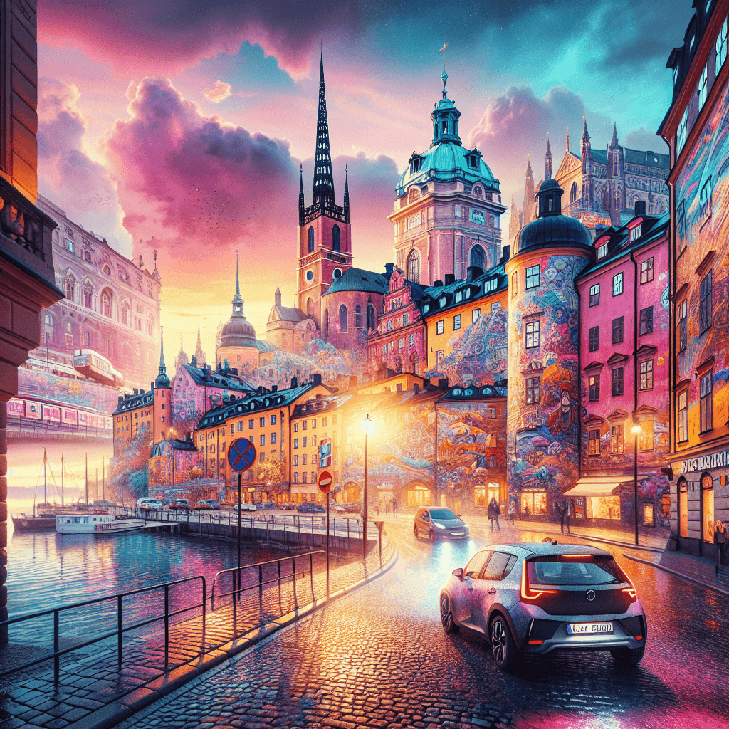 City car in sunset-glow Stockholm with surrounding art
