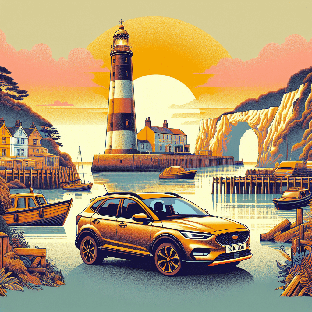 Car hire theme with city car, Poole's lighthouse, and harbour.