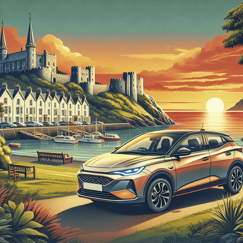 City car near castle, amidst greenery, Aberystwyth sea view