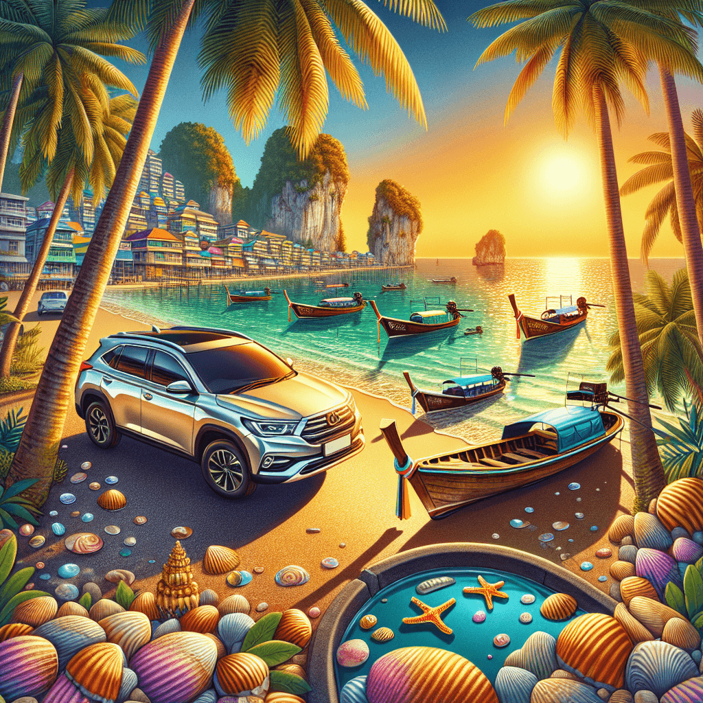 City car on beach with cliffs, palm trees and Longtail Boats