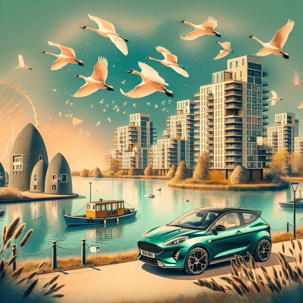 City car in Thamesmead with swans over Southmere lake