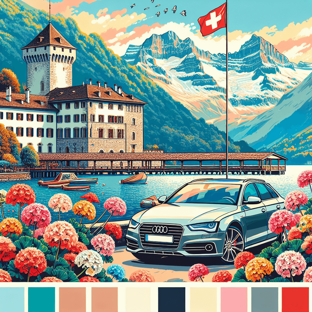 Urban car next to Lake Maggiore, Visconteo Castle, geraniums, Alpine peaks, Swiss flag