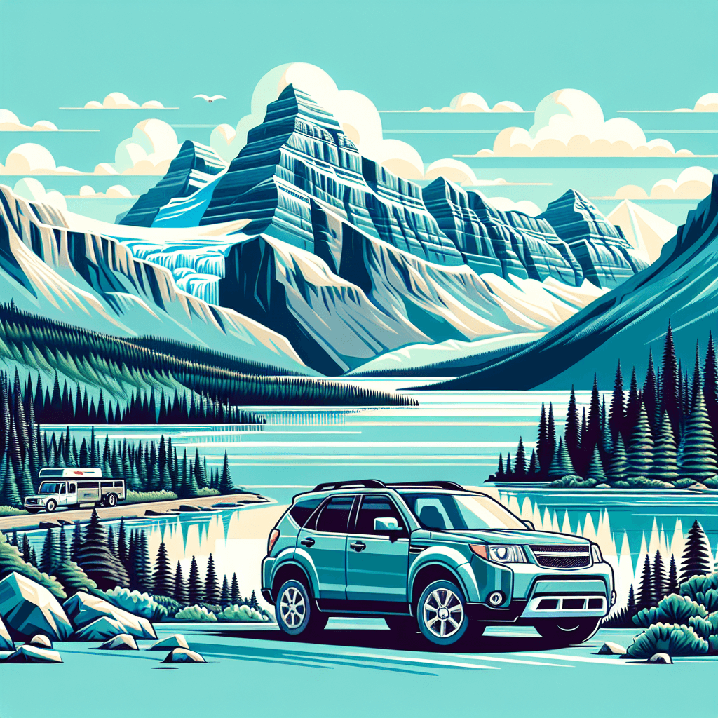 City car surrounded by Jasper's mountains, lake and a bear