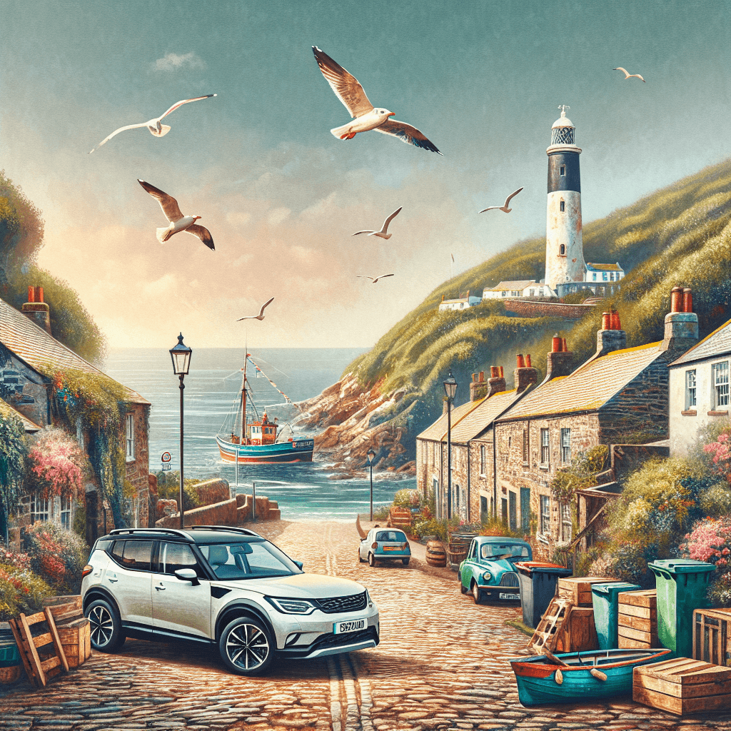 City car in Penzance, with lighthouse, boats, cottages