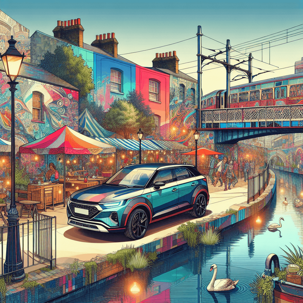 Urban car amidst lively Camden scene with murals, food stalls
