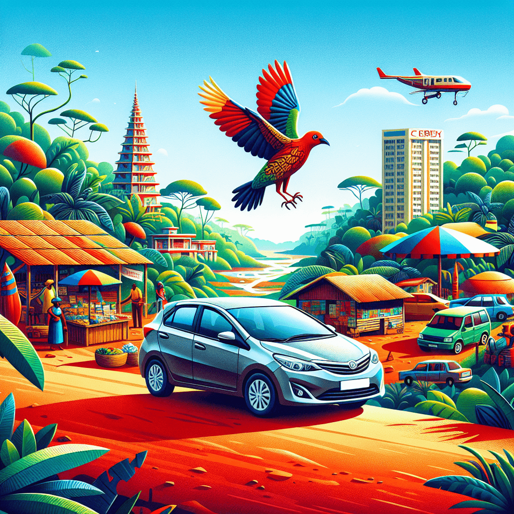 city car, bustling market, lush jungle, pepper bird