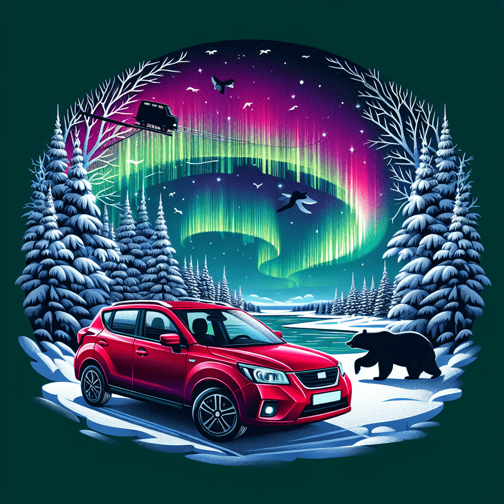 Coche rojo en tundra rusa, luces del norte nevadas, osos