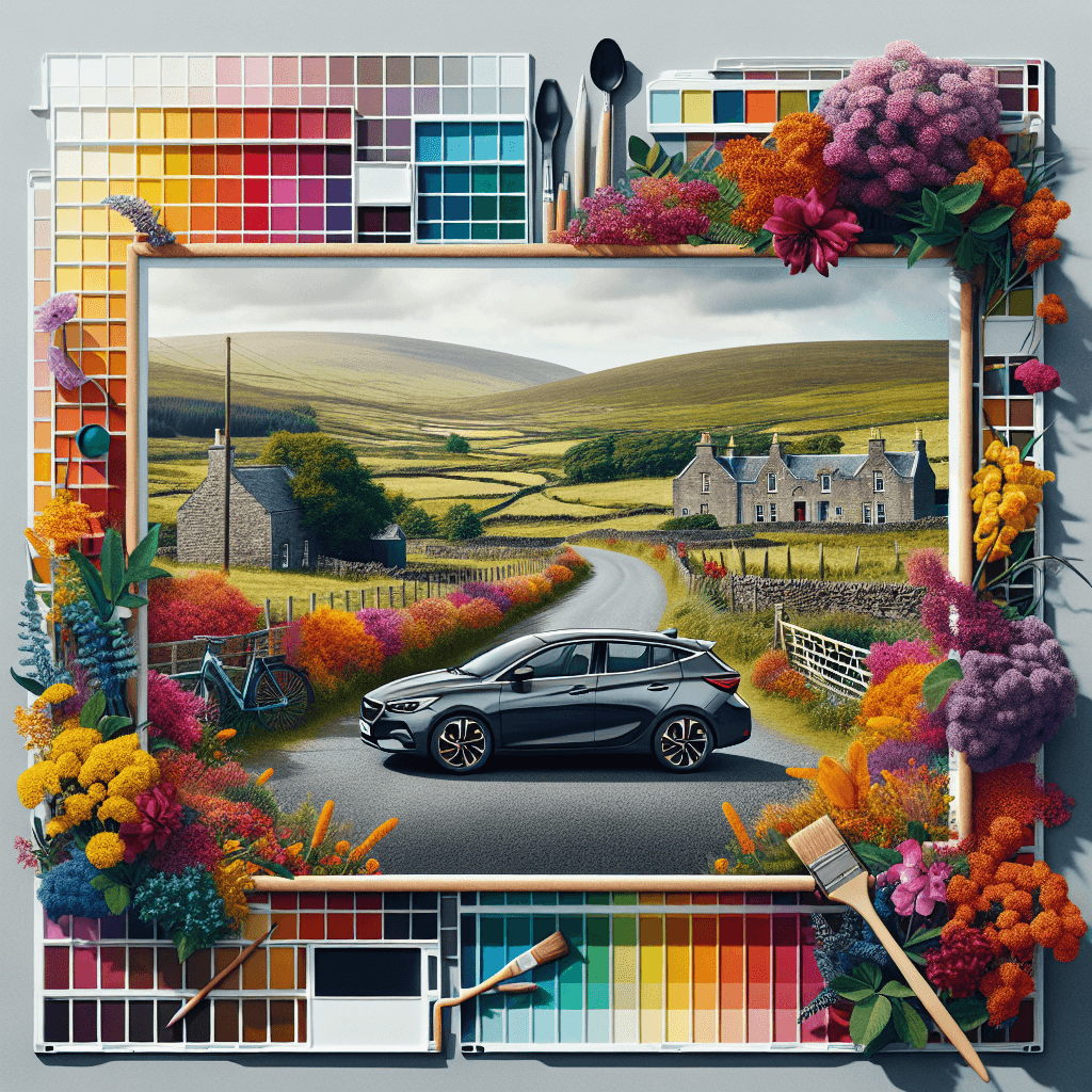 Sleek city car amidst Caithness landscape with cottages and wildflowers