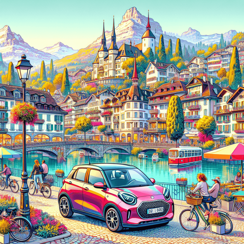 Car amidst vibrant Winterthur landscape with iconic Swiss landmarks