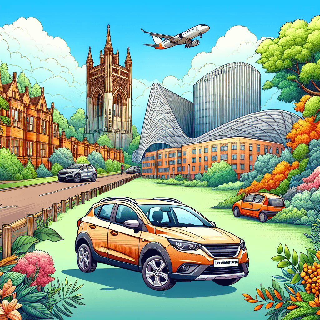 Joyful city car in Wolverhampton landscape, enriched with iconic buildings and blooming flowers