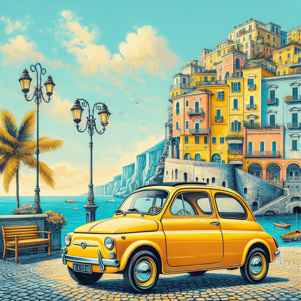 Yellow car in vibrant Rimini scene, azure sea backdrop.